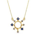 Collier ras du cou en or 18 carats pour femme 40 cm. pendentif rayon de soleil 17 x 16 mm. zircons bleus ...