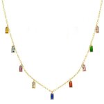 Collier ras du cou en or 18 carats pour femme 42 cm. chane combine de zircons rectangulaires en pendentifs ...