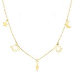 Collier ras du cou en or 18 carats pour femme 42 cm. pendentifs univers sculptés en chaîne forcée Collier ras du cou en or 18 carats pour femme 42 cm. pendentifs univers sculptés en chaîne forcée