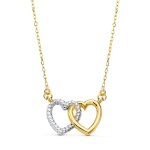 Collier ras du cou en or bicolore 18 carats pour femme 42 cm. deux coeurs entrelacs 13 x 9 mm.
