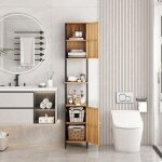 Colonne rangement salle de bain / meuble de wc noir et bois clair bambou vritable - sanless brs43f
