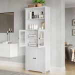 Colonne de salle de bain haute 160 cm - merax - meuble de rangement blanc avec porte vitr�e �tag�res ...
