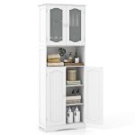 Colonne de salle de bain haute costway - 4 portes (2 en verre dépoli trempé) - compartiment ouvert - ... Colonne de salle de bain haute costway - 4 portes (2 en verre dépoli trempé) - compartiment ouvert - ...