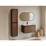 Colonne de salle de bain suspendue stri�e - coloris naturel fonc� et noir - h160 cm - baniva