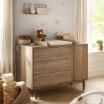 Commode 3 tiroirs et 1 porte avec d�tail imitation bois textur� et pieds bois - mokka
