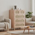 Commode 6 tiroirs en rotin chiffonnier bois cannage 110x34x73 cm commode meuble de rangement pour bureausalonc ...