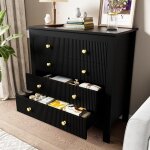 Commode - 5 tiroirs - fa�ades textur�es - poign�es dor�es - noir