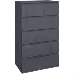 Commode 5 tiroirs sans poignes - homcom - moderne en finition laque grise - grand espace de rangement ...