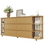 Commode � 6 tiroirs ch�ne design romain avec colonnes et �tag�res en bambou buffet de rangement pieds ...