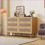 Commode 6 tiroirs - design r�tro rotin - ch�ne - pieds bois massif - 120x76. 5x40 cm