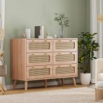 Commode 6 tiroirs rotin cannage - adwolt - design naturel rangement spacieux - 100x34x73 cm - pour chambre ...