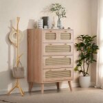 Commode 60x34x91 cm en d�cor bois et cannage 5 tiroirs meuble de rangement en rotin buffet table de chevet ...