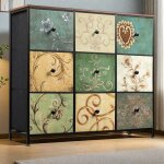 Commode 9 tiroirs armoire meuble de rangement rangement tissu floral cadre acier plateau bois unit� haute ...