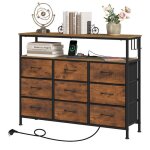 Commode 9 tiroirs avec multiprise - l�clairage led 21 lumi�res r�glables - 110x30x85cm - marron rustique ...