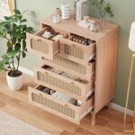 Commode 91x34x60 cm avec 5 tiroirs en rotin tress� poign�es dor�es mdf style maison de campagne pour ...