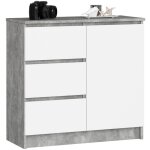 Commode akord jerry b�ton 80 cm 1 porte 3 tiroirs fa�ade blanche 2 �tag�res 80x35x77 cm
