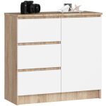 Commode akord jerry ch�ne sonoma 80 cm 1 porte 3 tiroirs fa�ade blanche 2 �tag�res 80x35x77 cm