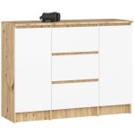 Commode akord k100 ch�ne artisan 101 cm 2 portes 3 tiroirs fa�ade blanche 4 �tag�res 101x35x76 cm