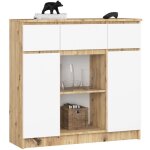 Commode akord k100 ch�ne artisan 101 cm 2 portes 3 tiroirs fa�ade blanche 6 �tag�res 101x35x98 cm