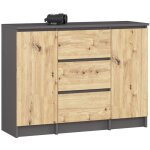 Commode akord k100 gris graphite 101 cm 2 portes 3 tiroirs fa�ade ch�ne artisan 4 �tag�res 101x35x76 ...