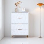 Commode - blanche - 4 tiroirs - pieds dor�s - style moderne minimaliste