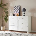 Commode blanche 6 tiroirs 120x40x82cm commode de chambre bois meuble de rangement salon avec poignes ...