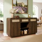 Commode buffet noyer 120 cm 3 tiroirs rotin dor� 2 caissons �tag�re ouverte r�glable 120x40x85 cm