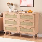 Commode chambre avec 6 tiroirs 34x100x73cm commode en rotin chiffonnier bois meuble de rangement cannage ...