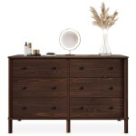 Commode chambre apoana l 132 cm 6 tiroirs en bois massif coloris noyer meuble de rangement pour v�tements ...