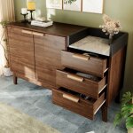Commode en chne 77 x 120 x 40 cm - seyakany - plateau effet marbre + 3 tiroirs et portes doubles - pieds ...