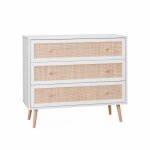 Commode en décor bois blanc et cannage 90x39x79cm - bohème - 3 tiroirs Commode en décor bois blanc et cannage 90x39x79cm - bohème - 3 tiroirs