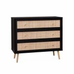 Commode en décor bois noir et cannage 90x39x79cm - bohème - 3 tiroirs Commode en décor bois noir et cannage 90x39x79cm - bohème - 3 tiroirs