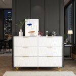 Commode double 6 tiroirs - design g�om�trique avec pieds et poign�es dor�s - buffet bas moderne pour ...
