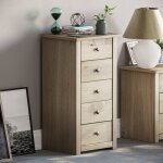 Commode étroite panama en pin massif avec 5 tiroirs finition chêne ciré Commode étroite panama en pin massif avec 5 tiroirs finition chêne ciré