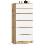 Commode haute 6 tiroirs - dimensions 60x40x130 cm - commode de chambre - ch�ne et blanc - meuble de rangement ...