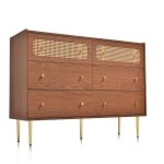 Commode haute 6 tiroirs en rotin style noyer - meuble de rangement polyvalent pour chambre et toutes ...