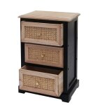 Commode meuble de rangement - marque - 3 tiroirs - bois noir - rotin - 63x40x28 cm Commode meuble de rangement - marque - 3 tiroirs - bois noir - rotin - 63x40x28 cm