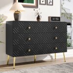 Commode moderne avec 6 tiroirs ? dimensions 120x40x80 cm ? noire avec dtails dors ? pieds en mtal ...