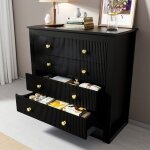 Commode - 5 tiroirs - fa�ades textur�es - poign�es dor�es - noir brillant