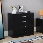 Commode noire riano avec 4 tiroirs poignes et glissires en mtal ? meuble de chambre  coucher