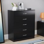 Commode noire riano avec 5 tiroirs poignes et glissires en mtal ? meuble de chambre  coucher