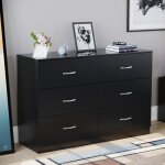 Commode noire riano avec 6 tiroirs poignes et glissires en mtal ? meuble de chambre  coucher