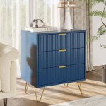 Commode de rangement 3 tiroirs bleu royal et dor� - 60x40x70 cm - structure mdf avec pieds en v dor�s ...