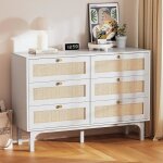 Commode en rotin à 6 tiroirs meuble rangement commode chambre avec tiroirs 120 x 40 x 85 cm blanc Commode en rotin à 6 tiroirs meuble rangement commode chambre avec tiroirs 120 x 40 x 85 cm blanc