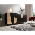 Commode vitrail 200 cm - buffet avec 4 portes - noir mat / ch�ne craft
