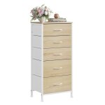Commode woltu - chiffonnier avec 5 tiroirs en tissu - armoire mdf et mtal - chne clair + blanc w0itt5021 ...