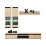 Composition murale domo ? meuble tv 2 vitrines suspendues et �tag�re murale ? ch�ne clair et noir