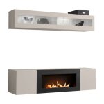 Composition murale fly cachemire avec vitrine vitr�e horizontale et meuble tv chemin�e bio - �thanol