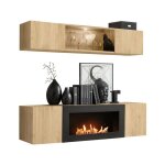 Composition murale fly ? ch�ne clair ? vitrine horizontale partiellement vitr�e et meuble tv avec chemin�e ...