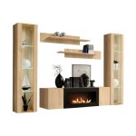 Composition murale fly ? ch�ne clair ? vitrines vitr�es �tag�res et meuble tv avec chemin�e bio - �thanol ...